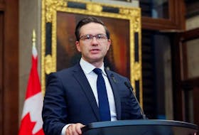 Conservative Party leader Pierre Poilievre speaking outside the House of Commons on Parliament Hill in Ottawa. 