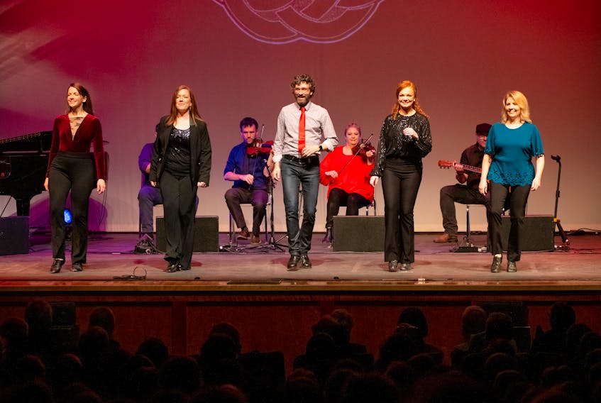 Jenny MacKenzie, Dawn Beaton, Kenneth MacKenzie, Mac Morin, Andrea Beaton, Margie Beaton, Patrick Gillis, and Melody Cameron are shown on stage during Tuesday night's sold out Close to the Floor concert in Mabou. There are still tickets available for Friday night's encore performance of Close to the Floor at the Savoy Theatre in Glace Bay.