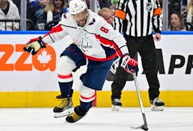 Washington Capitals forward Alex Ovechkin pursues the puck against the Toronto Maple Leafs in the third period at Scotiabank Arena. 