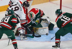 Drummondville Voltigeurs Luke Woodworth tries to jam a loose puck past Halifax Mooseheads goalie Mathis Rousseau during QMJHL action in Halifax Thursday October 13, 2022.

TIM KROCHAK PHOTO