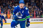  Canucks forward Bo Horvat celebrates his goal against the Vegas Golden Knights at Rogers Arena in Vancouver on April 12.