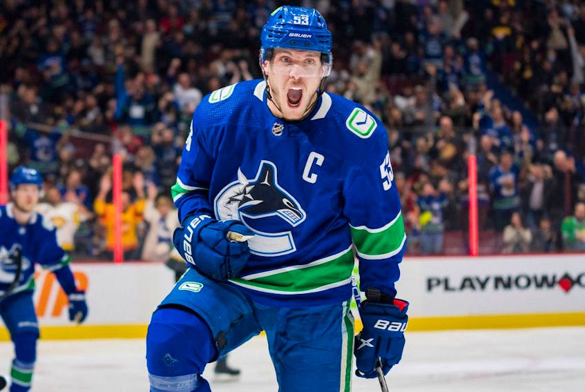  Canucks forward Bo Horvat celebrates his goal against the Vegas Golden Knights at Rogers Arena in Vancouver on April 12.