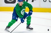  Vancouver Canucks’ Andrei Kuzmenko at practice at Rogers Arena in Vancouver on Oct. 7.