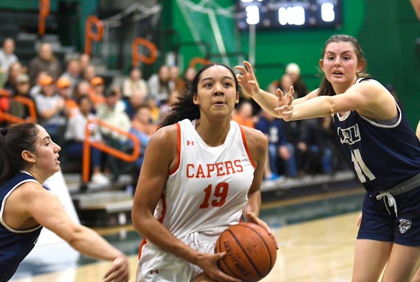 Kiyara Letlow led the Cape Breton Capers with a whopping 33 points and 22 rebounds despite the team's 71-69 OT loss to the Mount Royal University Cougars of Calgary on Saturday to wrap up the 2022 Debbie Ruiz Memorial women's basketball tournament. CONTRIBUTED/CBU ATHLETICS/VAUGHAN MERCHANT