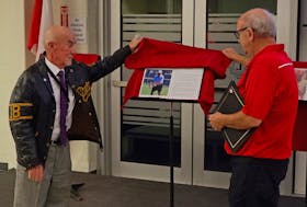 Accomplished tennis and hockey player Gregg Spicer, left, and Gary Whittier unveil Spicer’s plaque as a member of the Berwick Sports Hall of Fame Class of 2022. In 1967, Spicer played on the Valley Flyers that represented Nova Scotia at the national midget hockey championship. In 1966, he made the quarter-finals in two age groups at the Nova Scotia Provincial Tennis Championships. In the under-15 age group, Spicer was ranked as high as fourth in the province. In 1967, Spicer won the under-16 singles and doubles titles at the Newfound and Labrador Provincial Tennis Championships. Whittier is a Hall committee member and Hall of Famer.