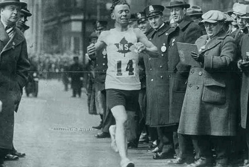 Nova Scotia's Johnny Miles winning the Boston Marathon, 1926. - Unknown, Public Domain. 
