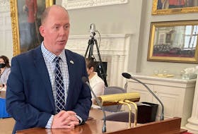 Tory Rushton, minister of Natural Resources and Renewables, holds a briefing at Province House in Halifax on Thursday, April 7, 2022, to introduce amendments to the Electicity Act and the Public Utilities Act. -- Francis Campbell photo