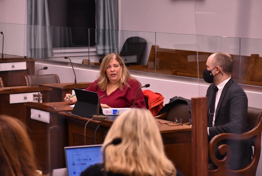 Tracy Robertson, president of International Union of Operating Engineers Local 942, left, speaks to the standing committee on health and social development Oct. 19. She was joined by Brodie MacRae, labour relations officer. Alison Jenkins • The Guardian