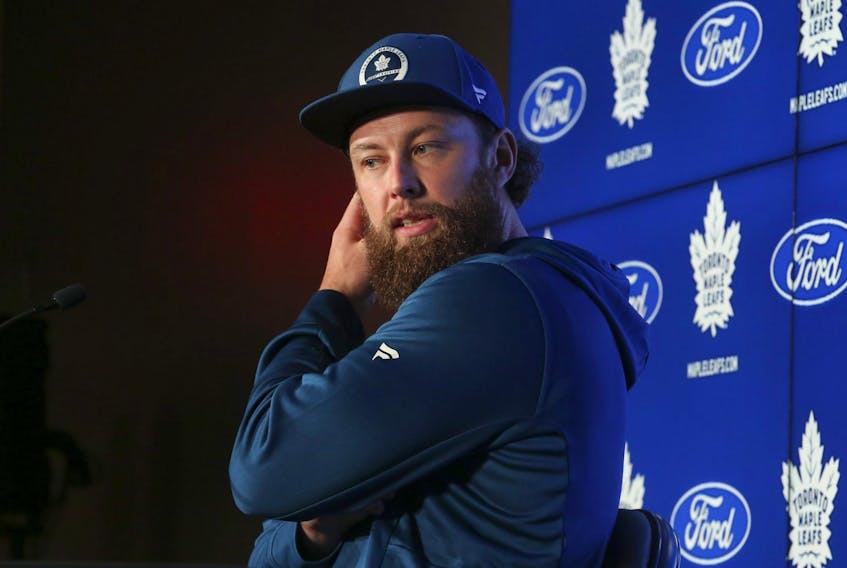 Toronto Maple Leafs oft injured defenceman Jake Muzzin was all smiles as he addresses the media about the upcoming season on Wednesday September 21, 2022. 