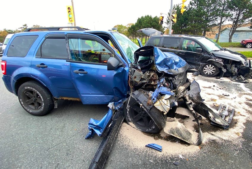 Four people were sent to the hospital after this collision at the intersection of Prince Philip Drive and Allandale Road in St. John's on Thursday, Oct. 20, 2022.
