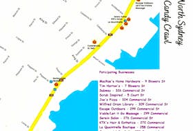 The Candy Crawl will be held in downtown North Sydney on Saturday. Shown are the locations of the 16 participating merchants in the event that encourages kids to dress up and visit businesses for treats and toys. CONTRIBUTED
