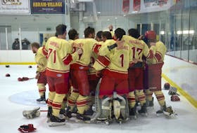 The Western Red Wings celebrate after winning the 2021 Island Junior Hockey League championship at the Evangeline Recreation Centre. The Red Wings are taking a leave of absence for the 2022-23 season due to a lack of players. Jason Simmonds • The Guardian