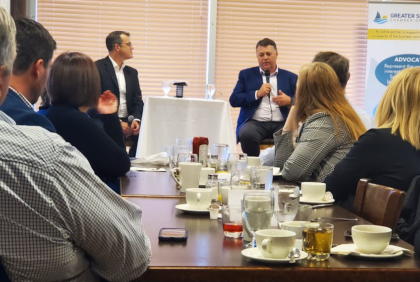 Blake Doyle, left, president of the Greater Summerside Chamber of Commerce, chats with P.E.I. Premier Dennis King during the organization's recent Breakfast with the Premier. Colin MacLean - Journal Pioneer