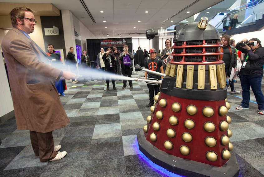 A Dalek and Doctor Who ‘do battle’ in the lobby of the Halifax Convention Centre on opening day of Hal-Con in 2018. - Eric Wynne