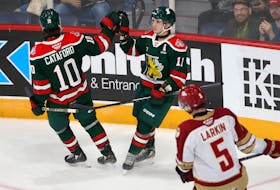 Halifax Mooseheads  Mathieu Cataford congratulates teammate Jordan Dumais after his 4th goal of the game, an empty netter against the Acadie-Bathurst Titan  during 3rd period action in Halifax Sunday October 22, 2022.

TIM KROCHAK PHOTO