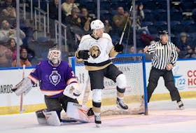 Newfoundland Growlers’ forward Isaac Johnson celebrates scoring over the weekend against the Reading Royals. The Growlers swept a three-game series with the Royals over the weekend at the Mary Brown’s Centre in St. John’s. Joe Chase/Newfoundland Growlers