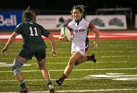 Acadia's Juliette Matsukubo scored eight tries this season, tying with UPEI’s Brinten Comeau for the Atlantic university conference lead. The Axewomen host the Panthers in the AUS final on Wednesday evening. - PETER OLESKEVICH / ACADIA ATHLETICS