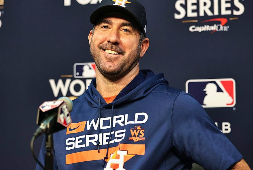 Justin Verlander of the Houston Astros during a press conference ahead of Game One of the World Series between the Houston Astros and Philadelphia Phillies  at Minute Maid Park on October 27, 2022 in Houston, Texas.  