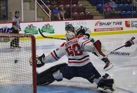 The UPEI Panthers’ Drake Pilon fires the puck past Acadia Axemen goaltender Zachary Paputsakis in an Atlantic University Sport (AUS) men’s hockey game in Wolfville, N.S., on Oct. 22. The Panthers won the game 5-3 and host the Axemen at MacLauchlan Arena on Oct. 29 at 7 p.m. Jason Malloy • SaltWire Network