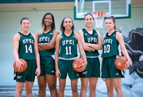 UPEI women’s basketball Panthers Devon Lawlor, left, Aiden Rainford, Lauren Rainford, Karla Yepez and Alicia Bowering. Contributed