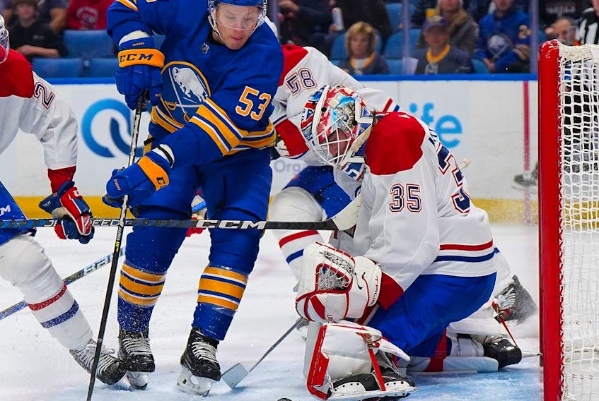 Canadiens goalie Samuel Montembeault makes the save against the Sabres’ Jeff Skinner during second period Thursday’s game at Buffalo’s KeyBank Center.