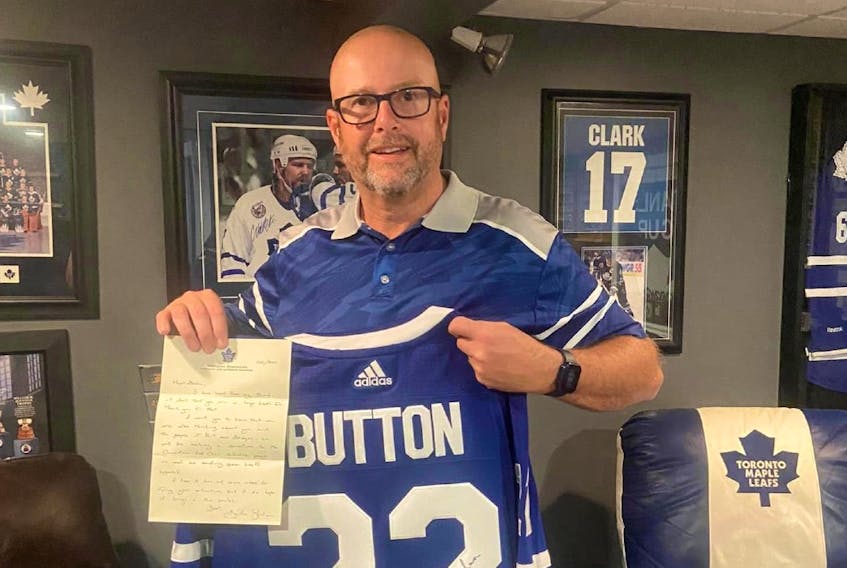 Among the items the Toronto Maple Leafs sent to the people of Port aux Basques was a special jersey just for Brian Button, the town’s mayor and long-time Leafs fan. - Contributed