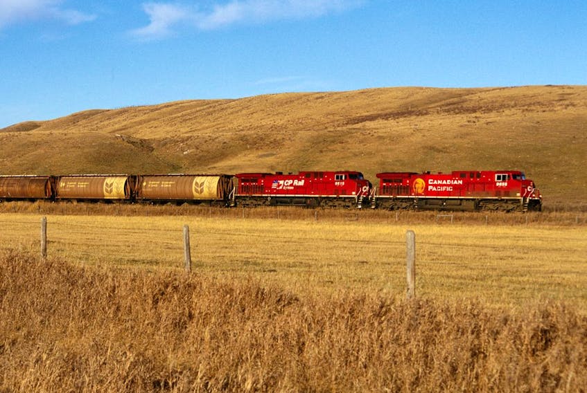  A CP Rail grain train on the Prairies.