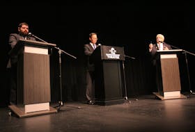 Candidates in the Summerside mayoral race, James Ford, left, Dan Kutcher and incumbent Basil Stewart participating in the Oct. 27 debate.
