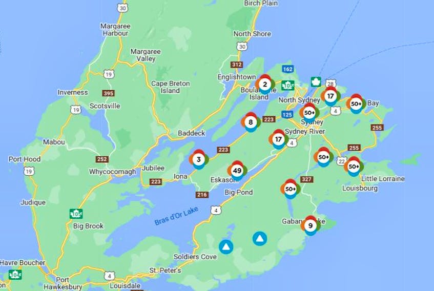 The Nova Scotia Power outage map for Cape Breton as of 7:45 a.m. Monday, Oct. 3, 2022.