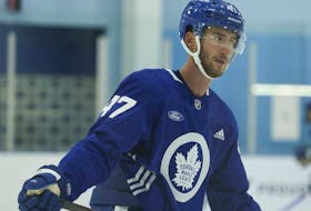 Toronto Maple Leafs forward Pierre Engvall (47) skated by himself as he is on the injured list to start the pre-season practice on Thursday September 22, 2022.  