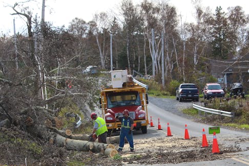 Tree-cutting service crew work on removing a fallen tree on top of power lines which blocked a portion of Brickyard Road in Albert Bridge. A state of local emergency has been renewed until Oct. 7. IAN NATHANSON/CAPE BRETON POST