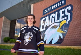 Defenceman Tomas Lavoie stands outside of Centre 200 prior to the Quebec Major Junior Hockey League Entry Draft last month. The first overall pick will be among the players highlighting this year’s Cape Breton Eagles roster. JEREMY FRASER/CAPE BRETON POST.