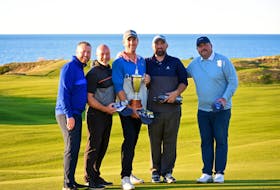 Members of Team Belvedere are shown after winning the RBC PGA Scramble national golf championship at Cabot Cape Breton in Inverness on Tuesday. Not in order, Ryan Thurrot, Mark Brown, Adam McGaghey, Colin Armstrong, and Jamie Moran. PHOTO CONTRIBUTED/PGA OF CANADA.