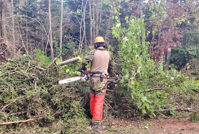 A Canadian Armed Forces soldier using a chainsaw to help with the clean-up efforts following Hurricane Fiona.