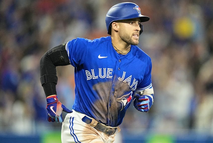 Sep 30, 2022; Toronto, Ontario, CAN; Toronto Blue Jays center fielder George Springer (4) rounds the bases after hitting a three run home run against the Boston Red Sox during the sixth inning at Rogers Centre.  