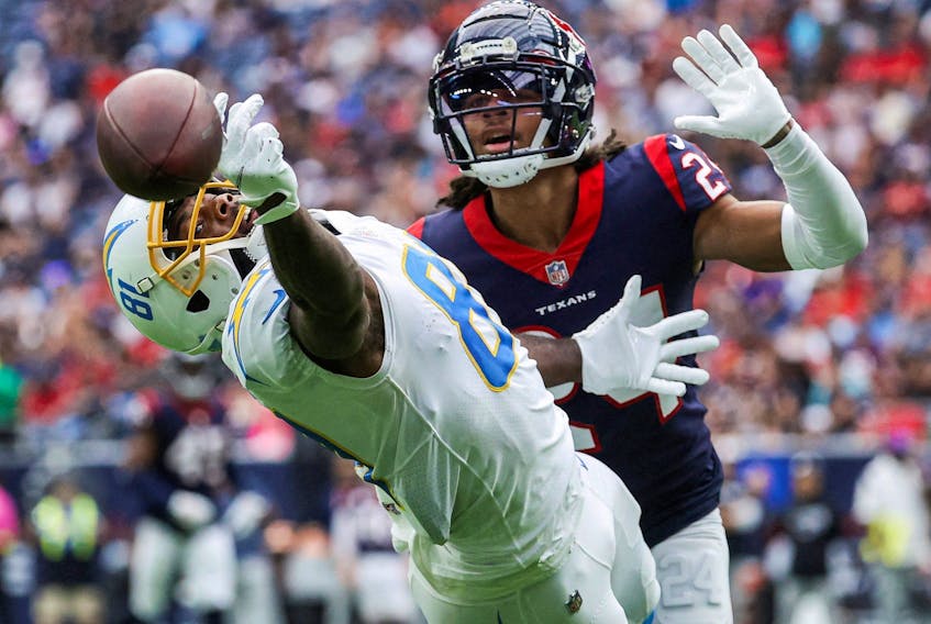 Oct 2, 2022; Houston, Texas, USA; Los Angeles Chargers wide receiver Mike Williams (81) attempts to make a catch as Houston Texans cornerback Derek Stingley Jr. (24) defends during the third quarter at NRG Stadium.  