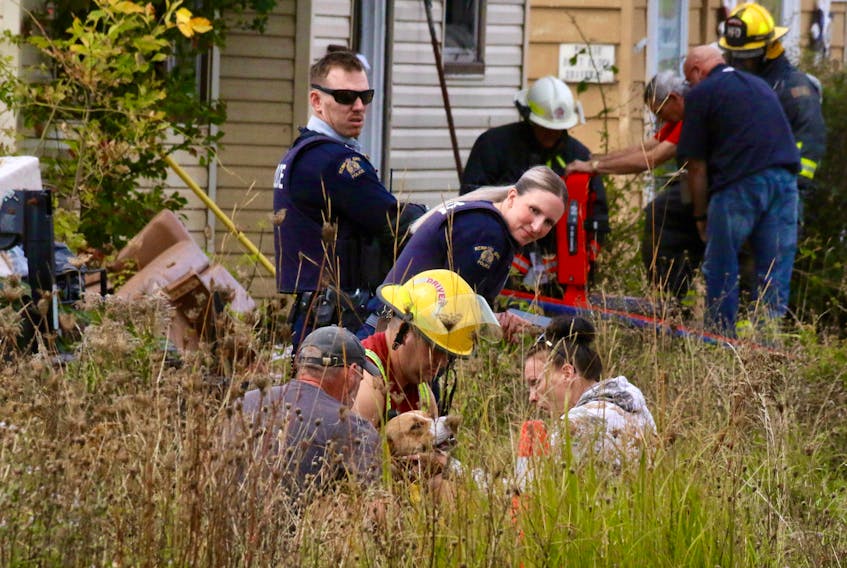 Homeowners shower their dogs with affection after being reunited following a harrowing few minutes. The dogs were rescued by firefighters while efforts were made to douse a bungalow fire in Falmouth Oct. 5.