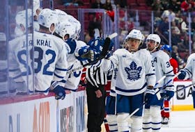 Maple Leafs winger William Nylander (88) celebrates scoring a preseason goal against Montreal. Nylander centre Nick Robertson and Denis Malgin at practice on Wednesday and should see more time in the middle during Toronto's final exhibition games. 