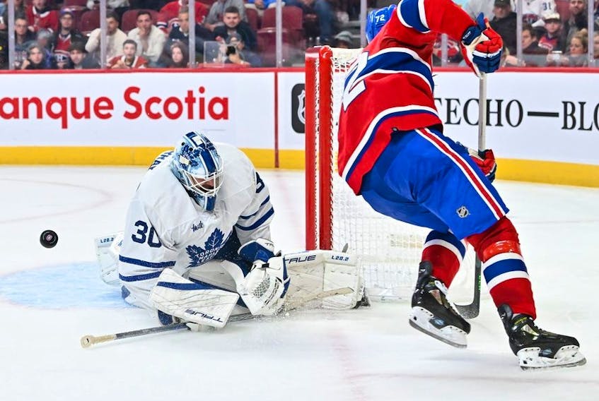 Goaltender Matt Murray of the Toronto Maple Leafs stops Arber Xhekaj of the Montreal Canadiens during the second period in a preseason game on October 3, 2022 in Montreal, Quebec, Canada.