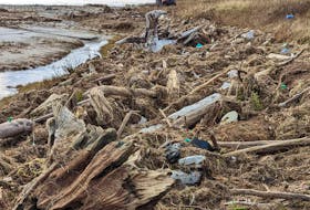 It’s among this pile of debris near Patricia Cousins’ cabin at Rocky Barachois outside of Port aux Basques that she found a message in a bottle that had been tossed into the ocean 39 years ago. – Contributed