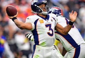 Oct 2, 2022; Paradise, Nevada, USA; Denver Broncos quarterback Russell Wilson (3) throws against the Las Vegas Raiders during the second half at Allegiant Stadium.  