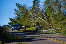 People work to remove downed trees from the road in Cavendish on Sept. 25. Nathan Rochford • Special to The Guardian