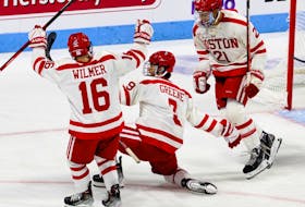 Paradise native Ryan Greene (9) celebrates one of his first two Boston University Terriers goals in the first period of the team’s recent game with the Bentley University Falcons. Greene also added an assist and was named Hockey East’s Freshman of the Week. Kyle Prudhomme/Boston University Twitter
