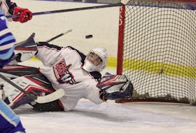 King’s-Edgehill School Highlanders goalie Cole Desrosiers tracks the puck after he makes the initial save during exhibition hockey Oct. 5 against Steele Subaru at the GFL Centre in Brooklyn. DesRosiers would cover up the puck on the rebound.
Jason Malloy