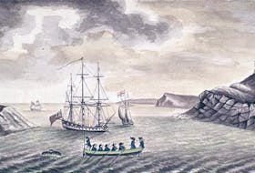 Image believed to be HMS Pegasus in St. John’s harbour, Newfoundland in 1786. James S. Meres. Wikipedia Creative Commons. 