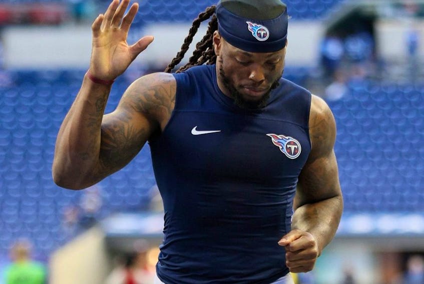 Derrick Henry of the Tennessee Titans jogs off the field after his team's 24-17 win against the Indianapolis Colts at Lucas Oil Stadium on October 2, 2022 in Indianapolis.

