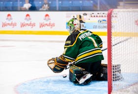 St. Thomas Tommies goaltender Caroline Pietroski makes a save against the UPEI Panthers in an Atlantic University Sport women’s hockey game at Eastlink Centre in Charlottetown on Oct. 8. The Tommies won the contest 4-3. Janessa Hogan Photo • Courtesy of UPEI Athletics