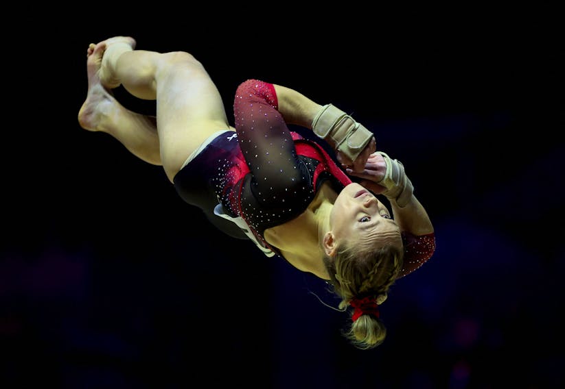 Halifax's Ellie Black competes in the floor exercise of the women's team final on Tuesday at the world artistic gymnastics championships in Liverpool, England.  REUTERS/Phil Noble