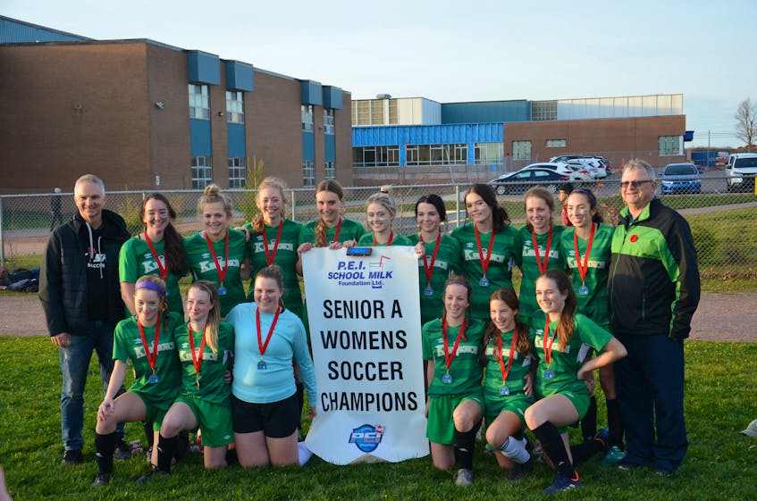 KISHORA won its third P.E.I. School Athletic Association (PEISAA) Senior A Girls Soccer League championship in a row on Nov. 5. KISHORA, a team comprised of players from Kensington Intermediate-Senior High School (KISH) and Kinkora Regional High School (KRHS), outscored the Souris Spartans 3-2 in penalty kicks after the teams were scoreless through regulation and 20 minutes of overtime at the Terry Fox Sports Complex in Cornwall. KISHORA team members are, front row, from left, Raychell Campbell, Kate Bell, Taylor Drenth, Mallory Cole, Abby Murphy and Aubrey Butler. Back row, from left, are Donald Mulligan (co-coach), Cate Ridler, Abby Rice, Abby Peters, Maleah Welton, Sydney Muttart, Makenzee Matheson, Madison Elsinga, Kloe Robinson, Ella McCarville and Lorne Pidgeon (co-coach). Jason Simmonds • The Guardian