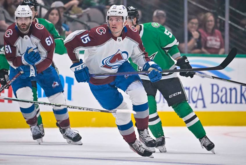 Colorado Avalanche centre Shane Bowers (15) in action during an Oct. 3 NHL pre-season game against the Dallas Stars at the American Airlines Center in Dallas.